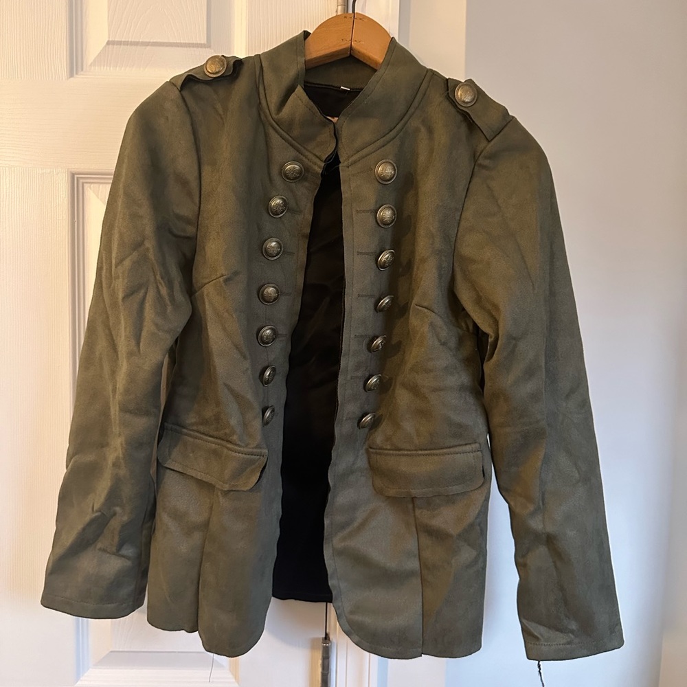Green jacket with gold buttons, size medium